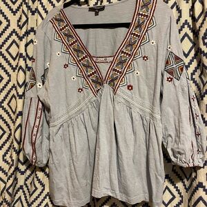 The Pyramid Collection Boho Embroidered Blouse - light blue and Red, 100% cotton